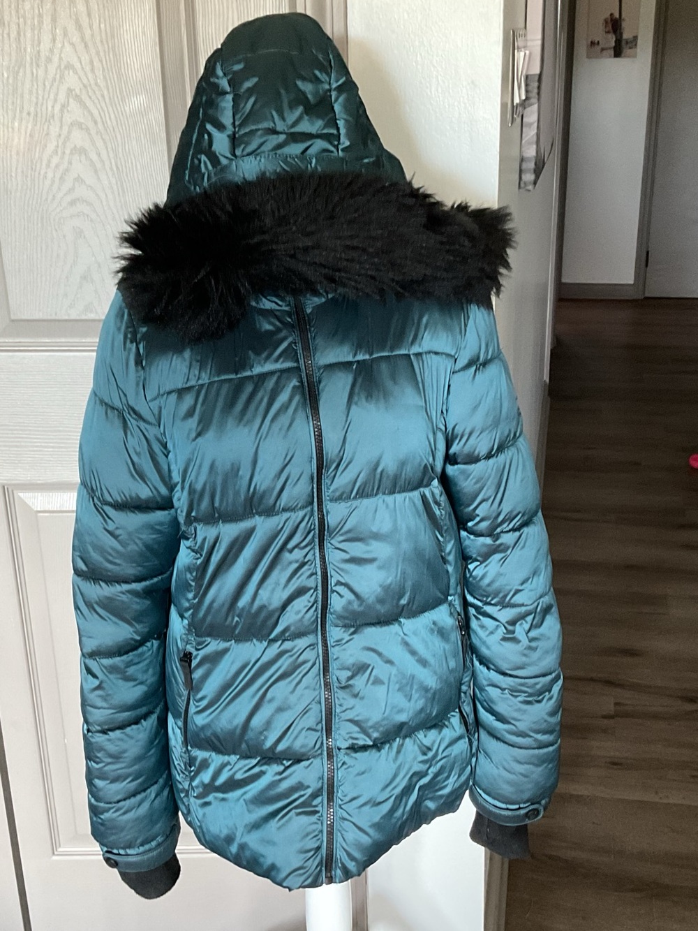 ZeroXposur Teal Hooded Puffer Jacket with Black Fur Trim